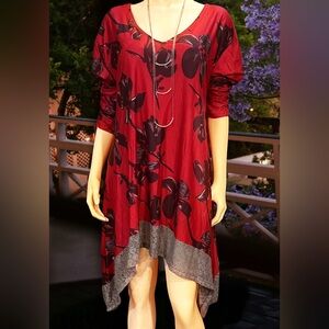 Red and Black Asymmetrical High-Low Puff Sleeve Dress